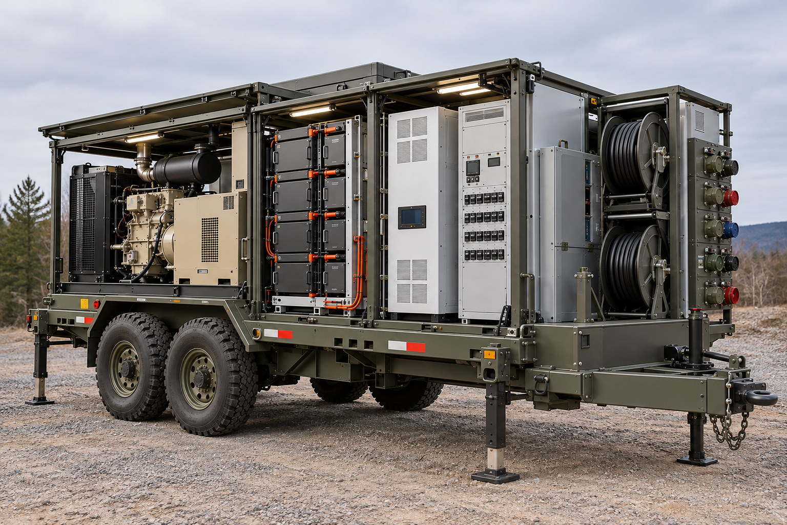 Concept illustration of an olive drab tactical trailer integrating generator, energy storage, controls, and power distribution