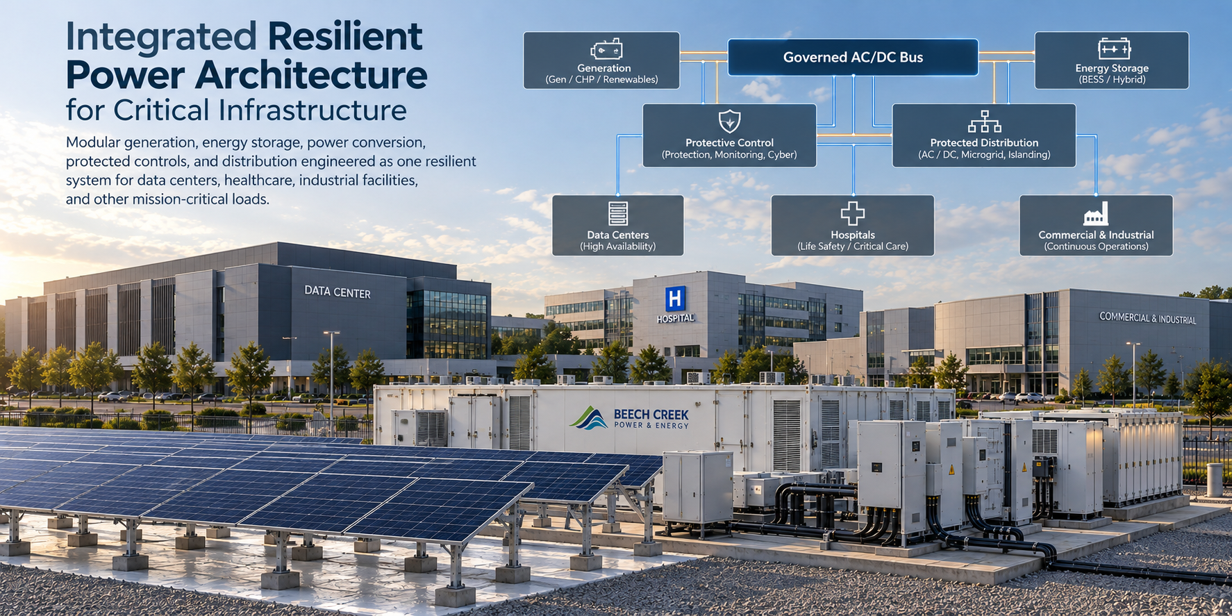 Conceptual BCPE integrated power architecture connecting generation, energy storage, governed controls, and protected distribution to mission-critical facilities