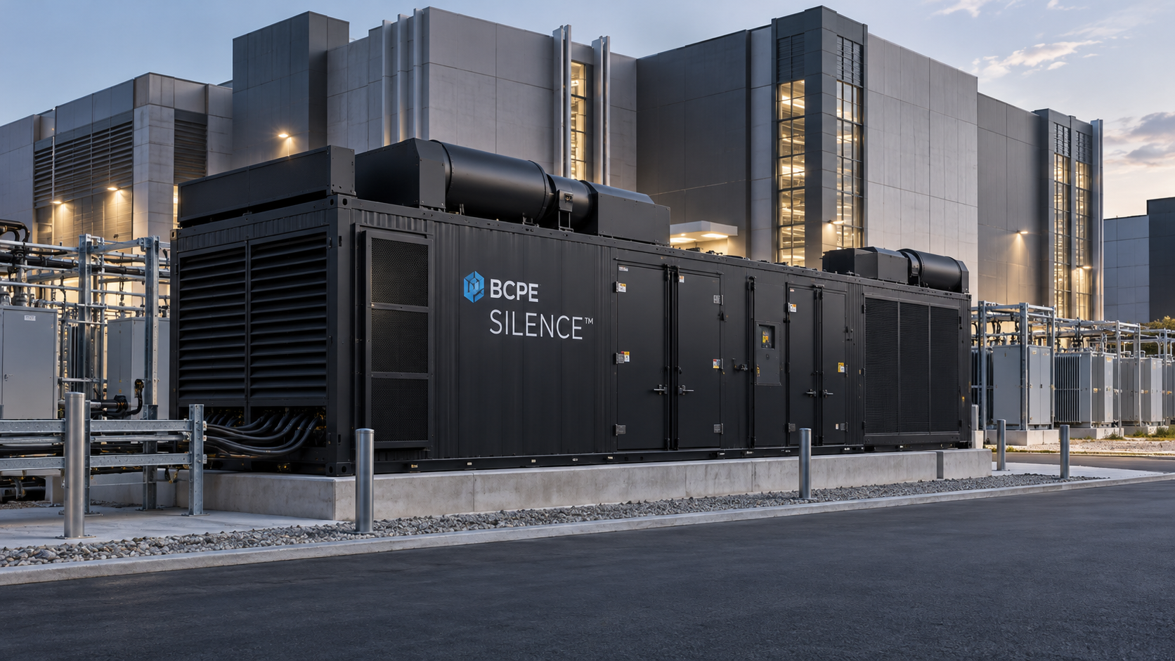 Concept visualization of a BCPE SILENCE acoustically engineered containerized power system installed at a data center