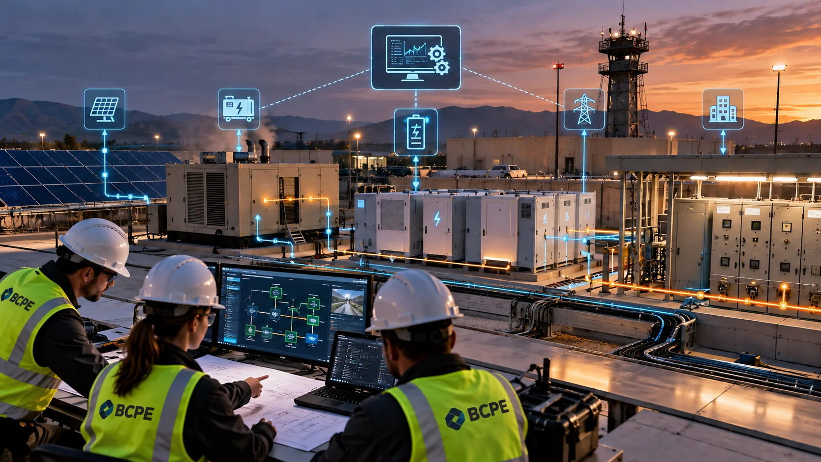 Concept visualization of engineers supervising interconnected power assets