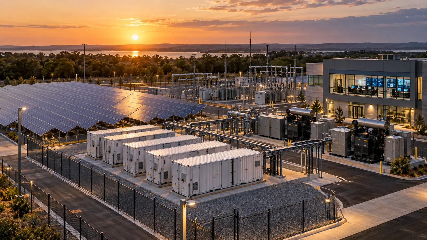 Concept image showing coordinated solar arrays, energy storage, generators, distribution and operations center